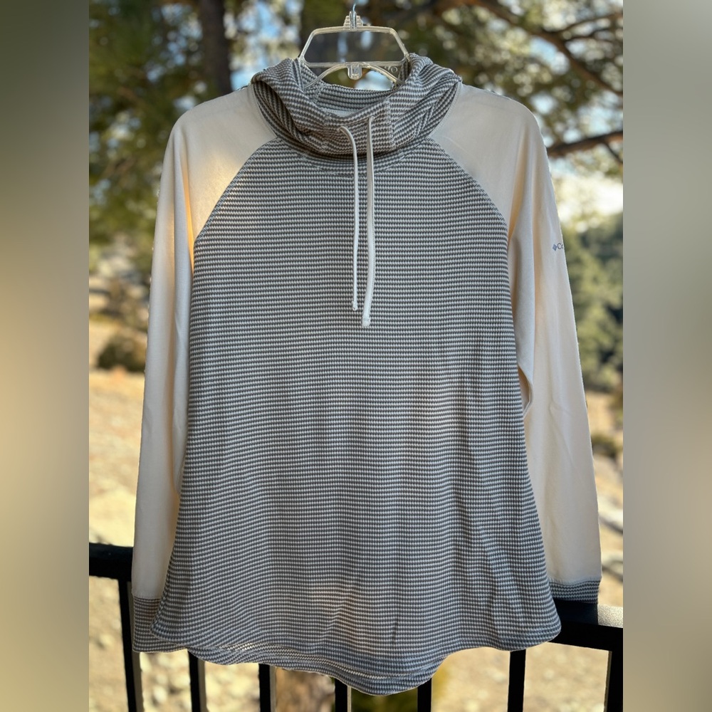 Columbia Cream and Brown Striped Cowl Neck Top with Hood. Ladies Large